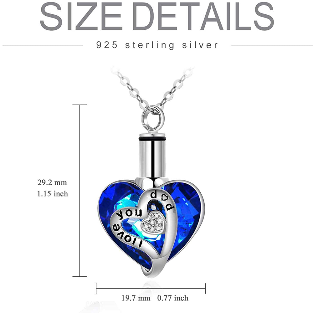 Sterling Silver Heart Shaped Crystal Heart Urn Necklace for Ashes with Engraved Word-5