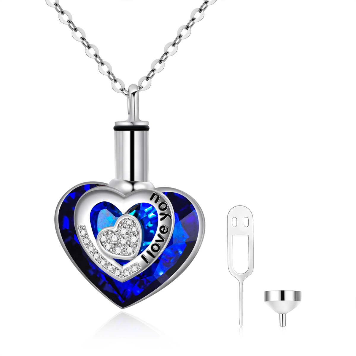 Sterling zilveren hartvormige kristallen urn ketting voor as met I Love You-1