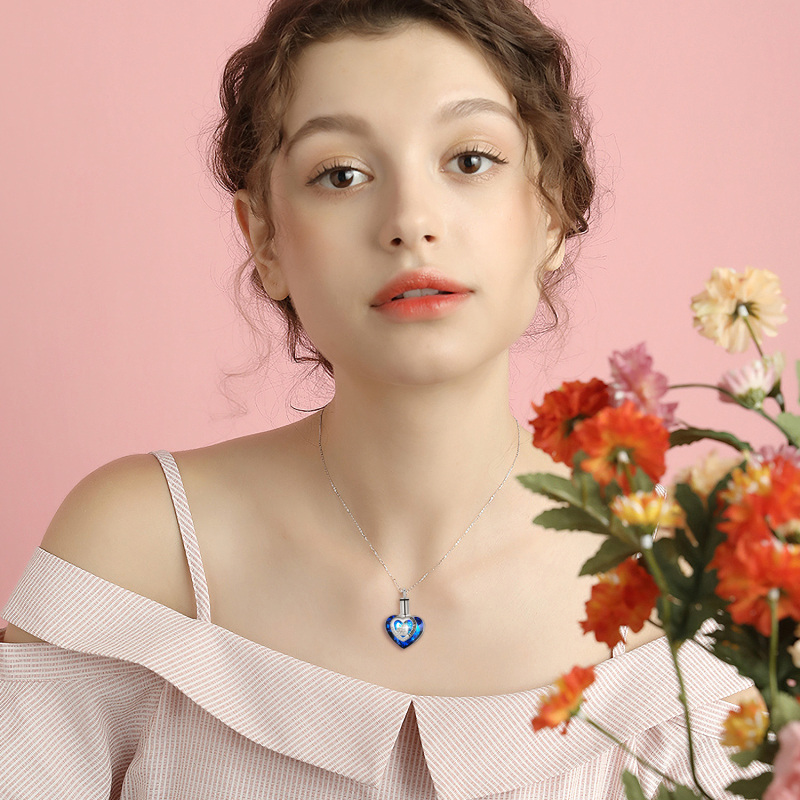 Sterling Silver Heart Crystal Urn Necklace For Ashes With I Love You-2