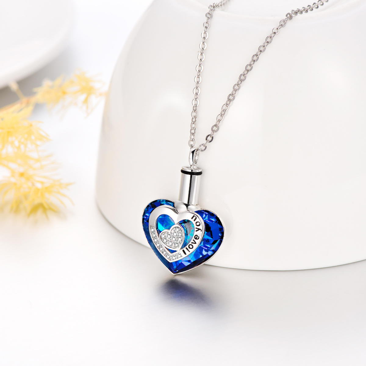 Sterling zilveren hartvormige kristallen urn ketting voor as met I Love You-3