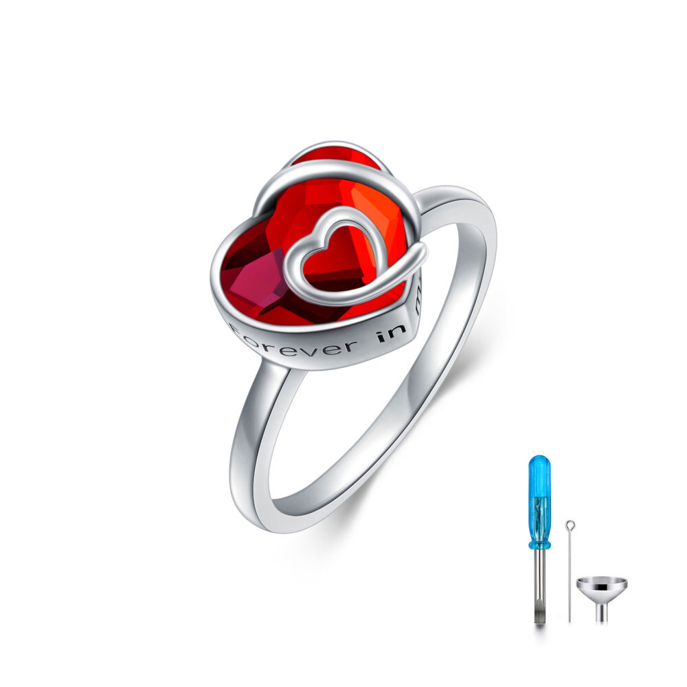 Anillo de plata de ley con forma de corazón rosa y cristal con palabra grabada para mujer-1