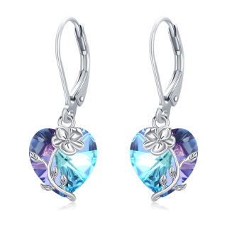 Sterling Silver Heart Crystal Violet Lever-Back Earrings For Women-4