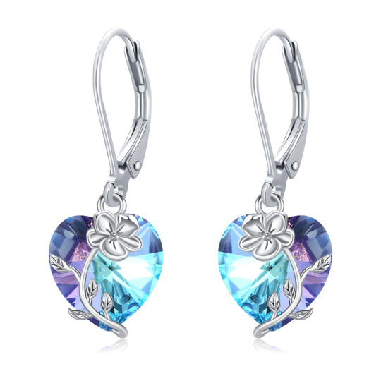 Sterling Silver Heart Crystal Violet Lever-Back Earrings For Women