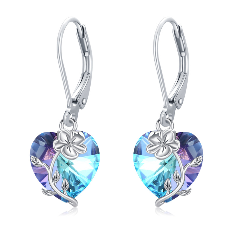 Sterling Silver Heart Crystal Violet Lever-Back Earrings For Women-2