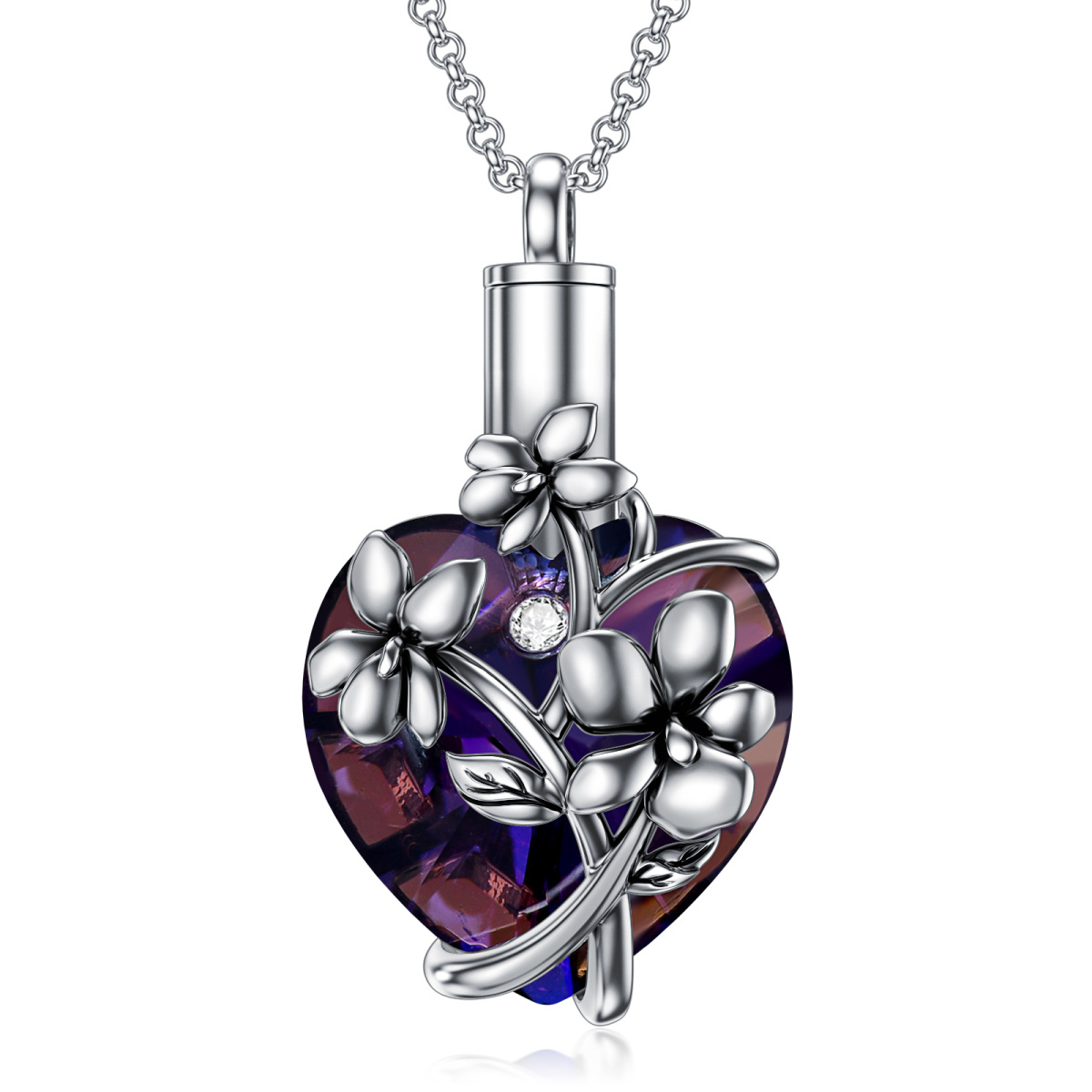 Sterling Silver Heart Shaped Crystal Violet & Heart Urn Necklace for Ashes-1