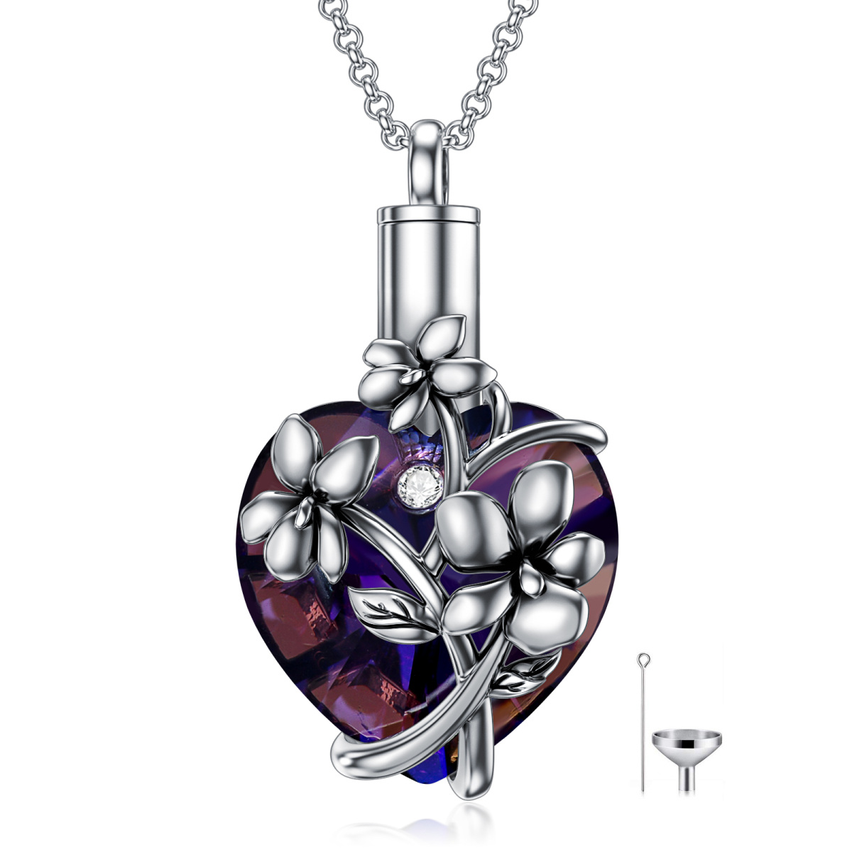 Sterling Silver Heart Shaped Crystal Violet & Heart Urn Necklace for Ashes-2