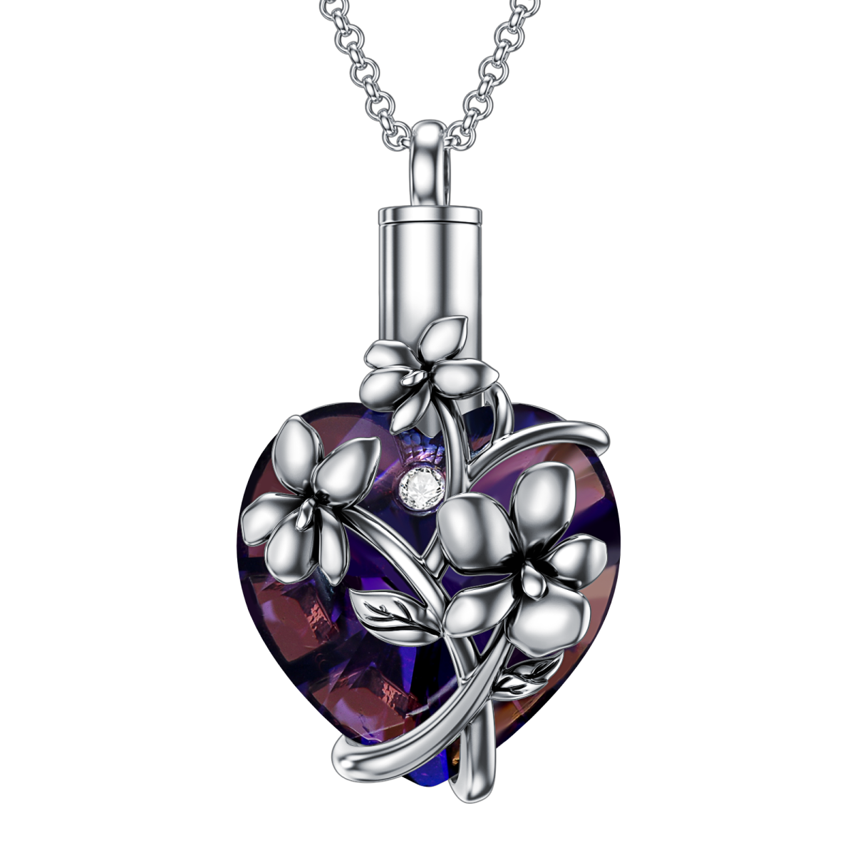 Sterling Silver Heart Shaped Crystal Violet & Heart Urn Necklace for Ashes-3