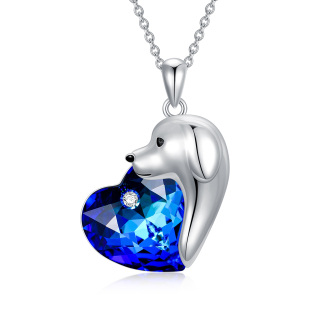 Sterling Silver Heart Shaped Dog Crystal Pendant Necklace-4