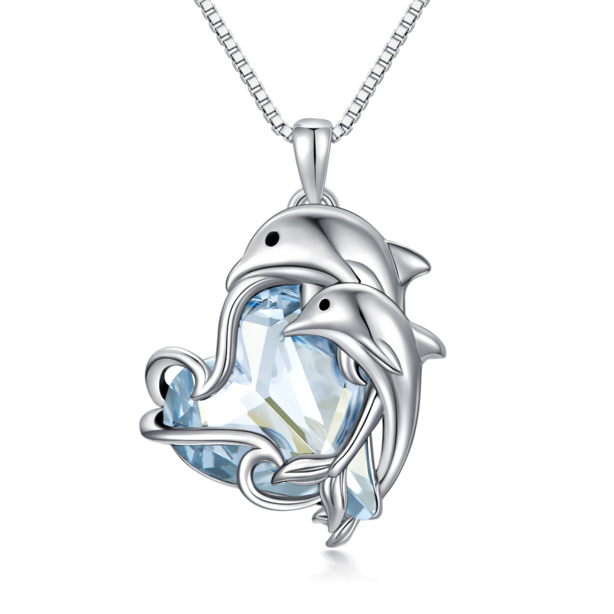 Sterling Silver Heart Shaped Dolphin Crystal Pendant Necklace-1