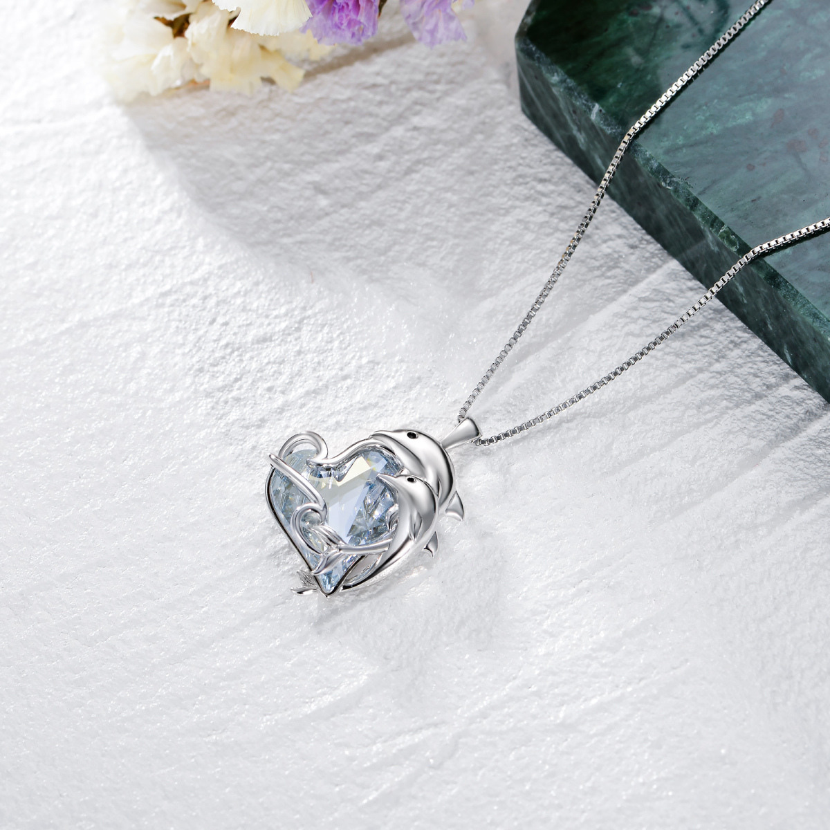 Sterling Silver Heart Shaped Dolphin Crystal Pendant Necklace-4