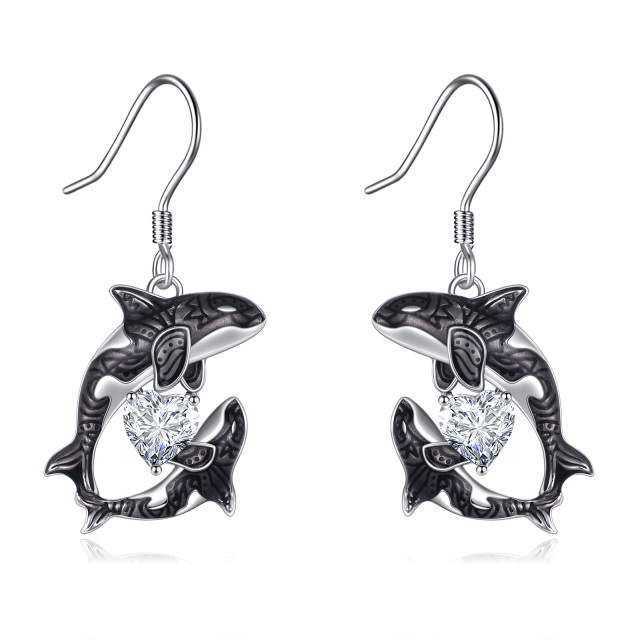 Sterling Silver Heart Shaped Cubic Zirconia Dolphin & Heart Drop Earrings-1