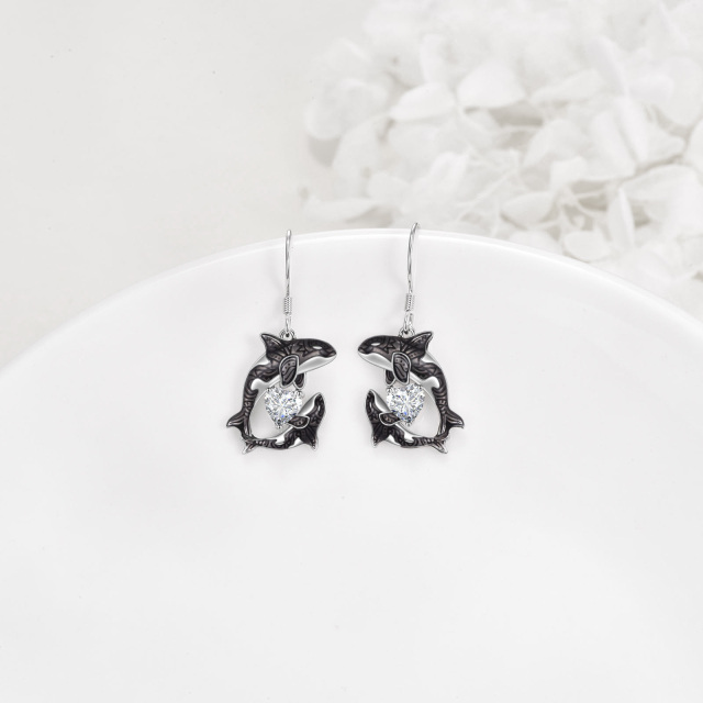 Boucles d'oreilles pendantes en argent sterling en forme de coeur avec dauphin et coeur en-3