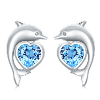 Sterling Silver Heart Shaped Cubic Zirconia Dolphin Stud Earrings-20