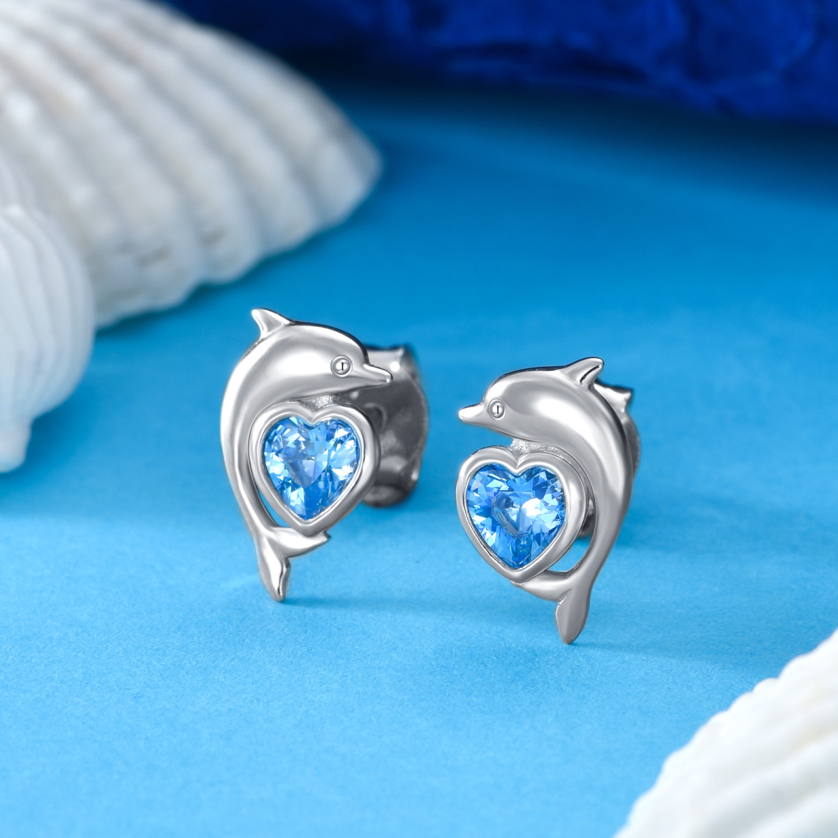 Sterling Silver Heart Shaped Cubic Zirconia Dolphin Stud Earrings-4