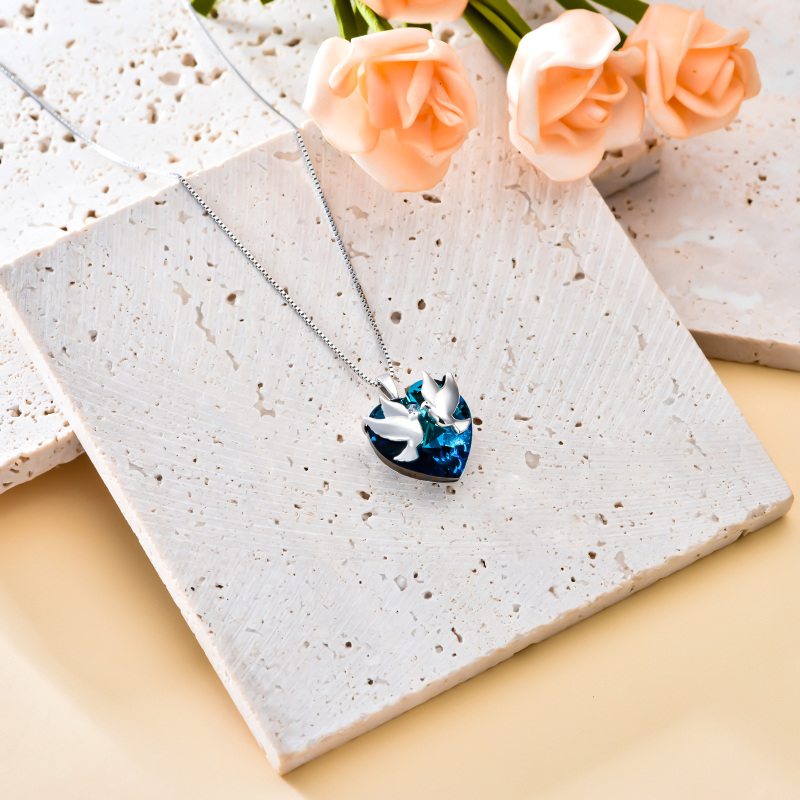 Sterling Silver Heart Shaped Dove Crystal Pendant Necklace-6