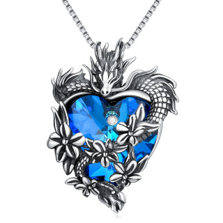 Sterling Silver Heart Shaped Dragon Crystal Pendant Necklace-49