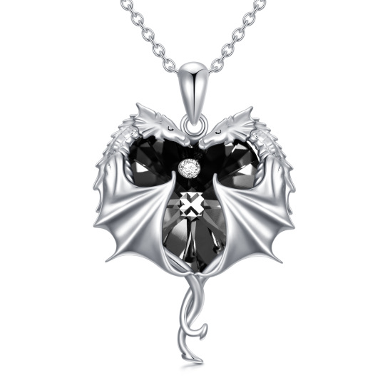 Sterling Silver Heart Shaped Dragon & Heart Crystal Pendant Necklace