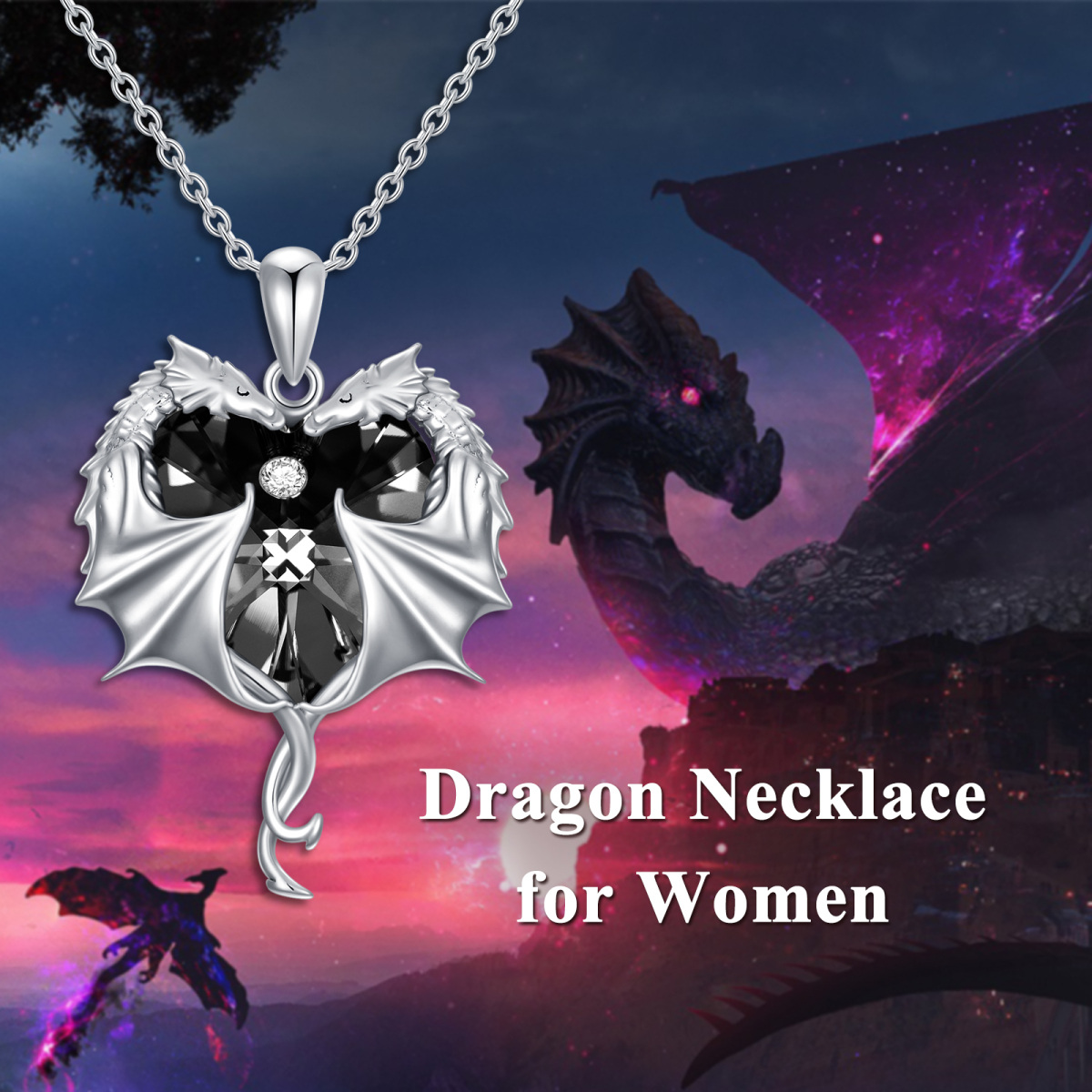 Sterling Silver Heart Crystal Dragon Pendant Necklace For Women-3