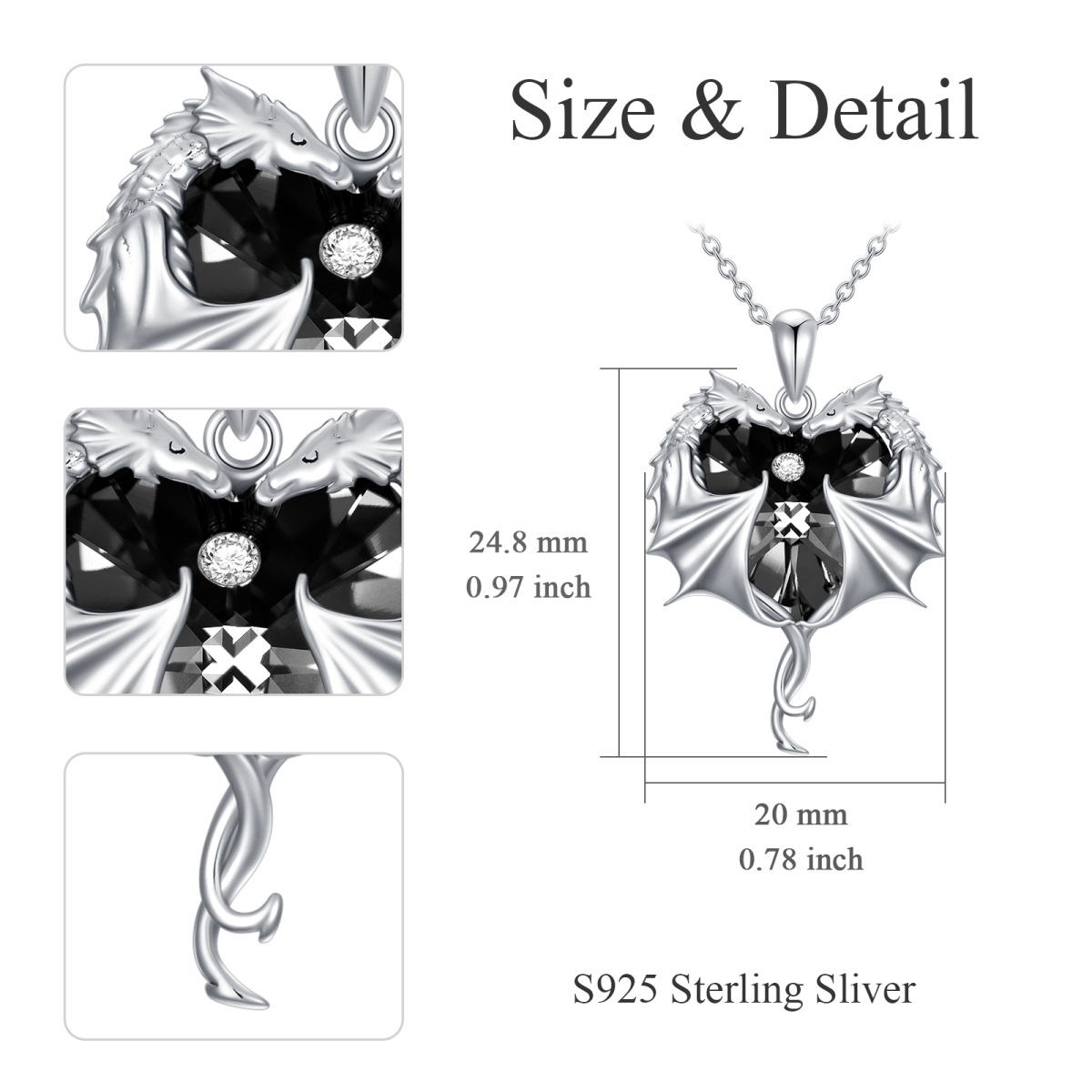 Sterling Silver Heart Crystal Dragon Pendant Necklace For Women-4