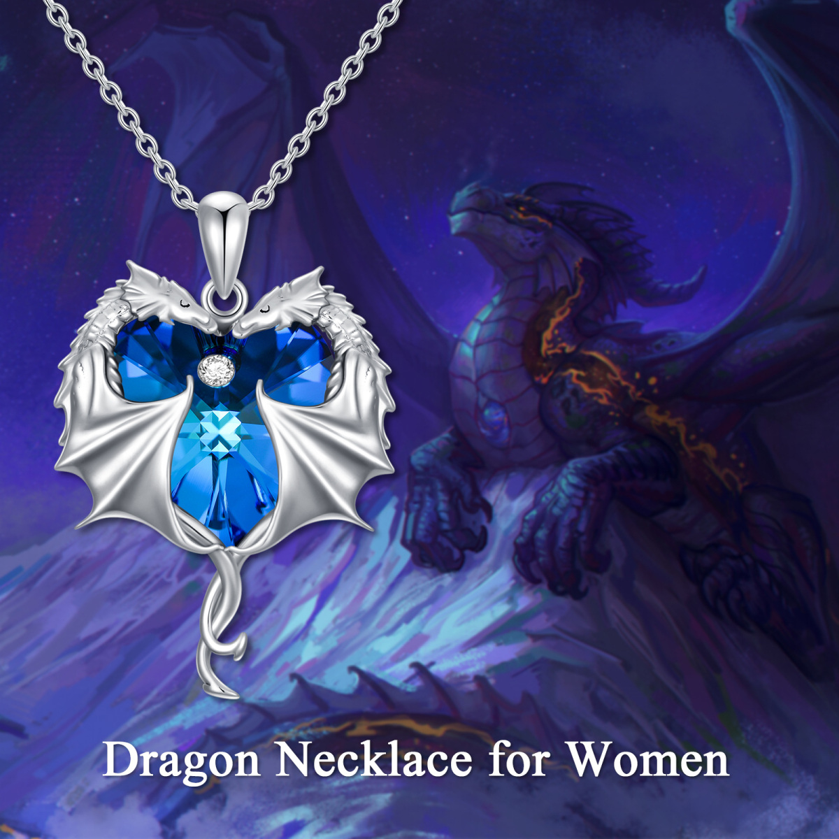 Sterling Silver Heart Crystal Dragon Pendant Necklace For Women-3
