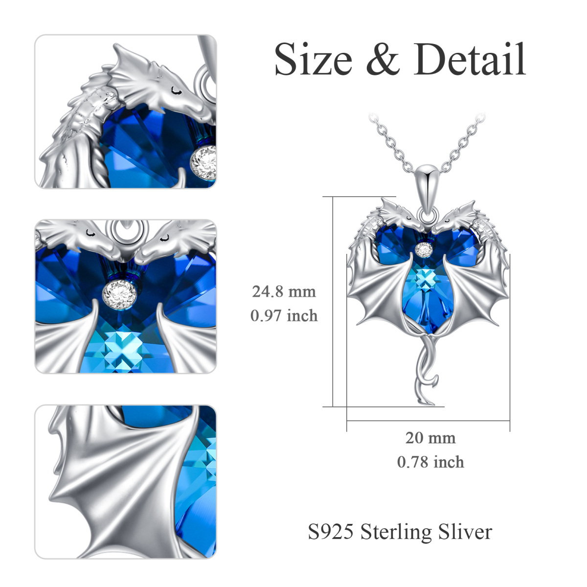 Sterling Silver Heart Crystal Dragon Pendant Necklace For Women-4