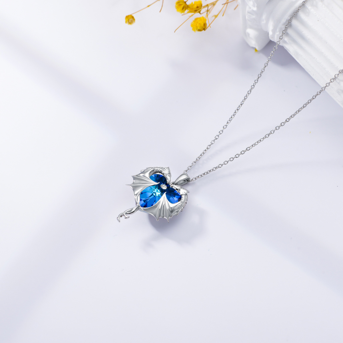 Sterling Silver Heart Crystal Dragon Pendant Necklace For Women-6