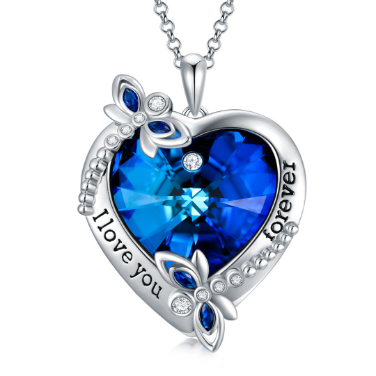 Sterling Silver Heart Shaped Dragonfly & Heart Crystal Pendant Necklace with Engraved Word