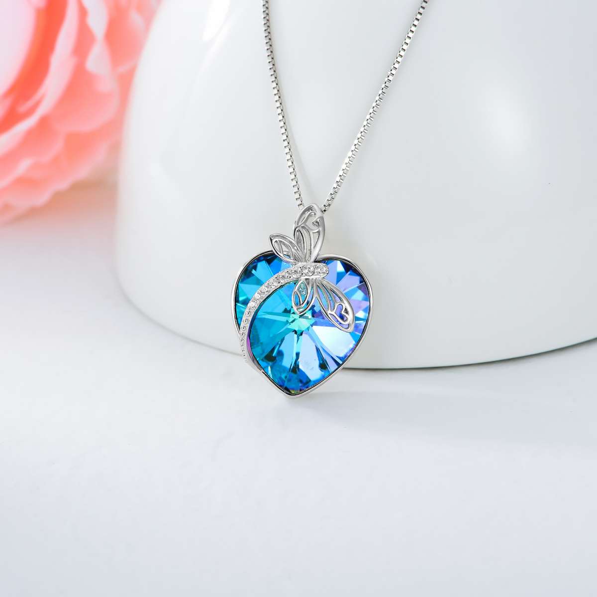 Sterling Silver Heart Crystal With Zircon Dragonfly Pendant Necklace For Women-3