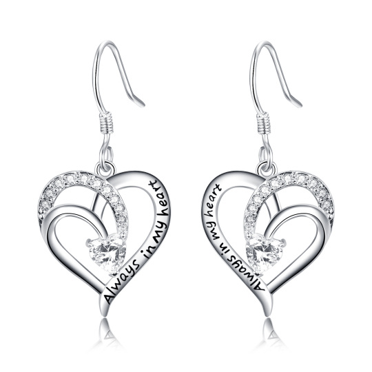 Sterling Silver Heart Shaped Cubic Zirconia Heart With Heart Drop Earrings with Engraved Word