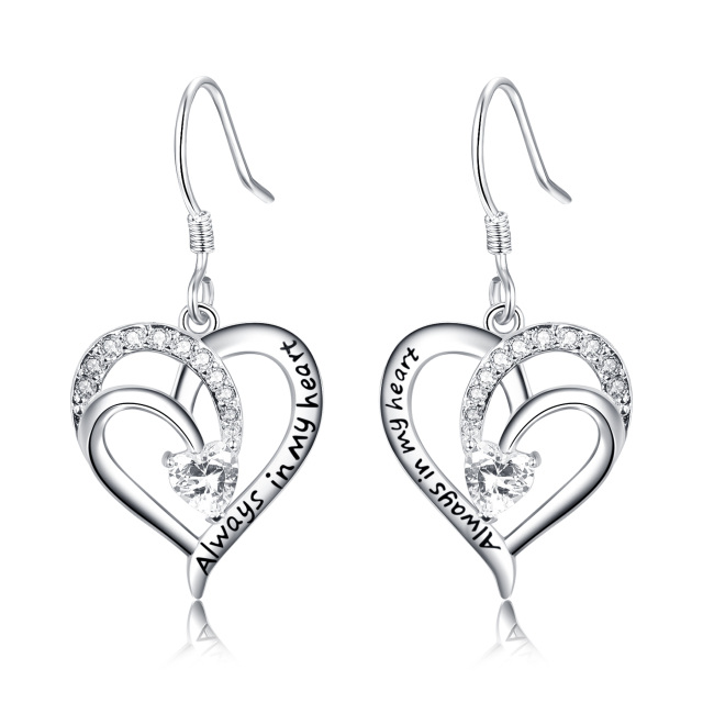 Sterling Silver Heart Shaped Cubic Zirconia Heart With Heart Drop Earrings with Engraved Word-1