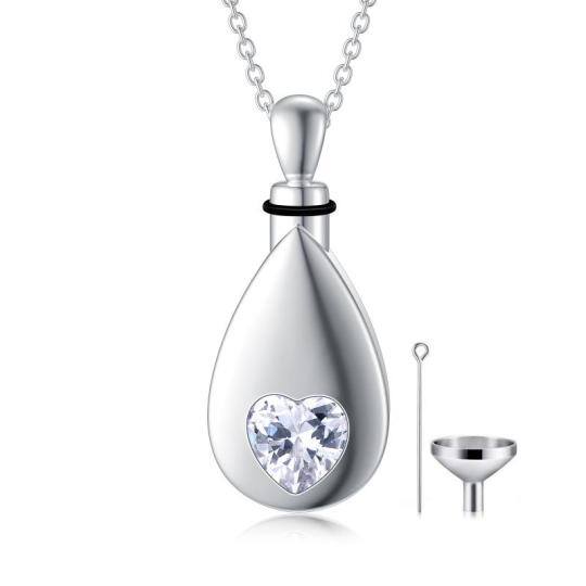 Collana con urna a goccia a forma di cuore in argento sterling con zirconi cubici per ceneri