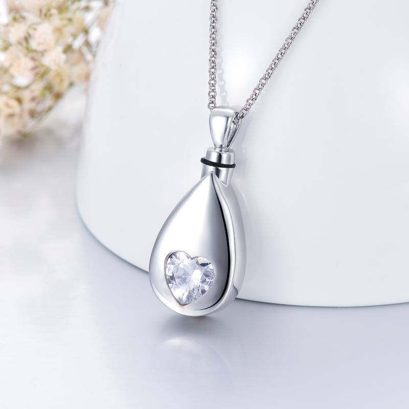 Sterling Silver Heart Cubic Zirconia Drop Urn Necklace For Ashes-3