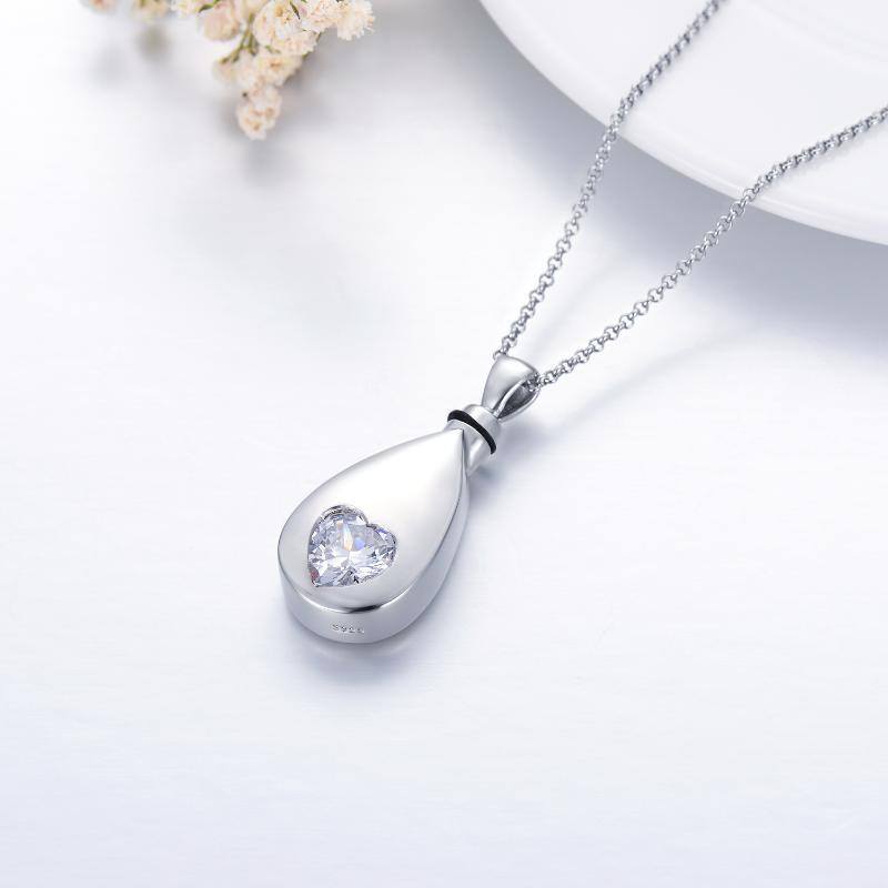 Sterling Silver Heart Cubic Zirconia Drop Urn Necklace For Ashes-4