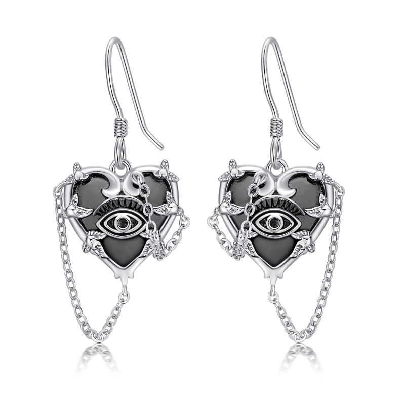 Sterling Silver Heart Shaped Evil Eye Drop Earrings