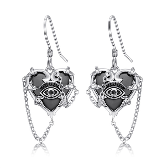 Sterling Silver Heart Shaped Evil Eye Drop Earrings-1