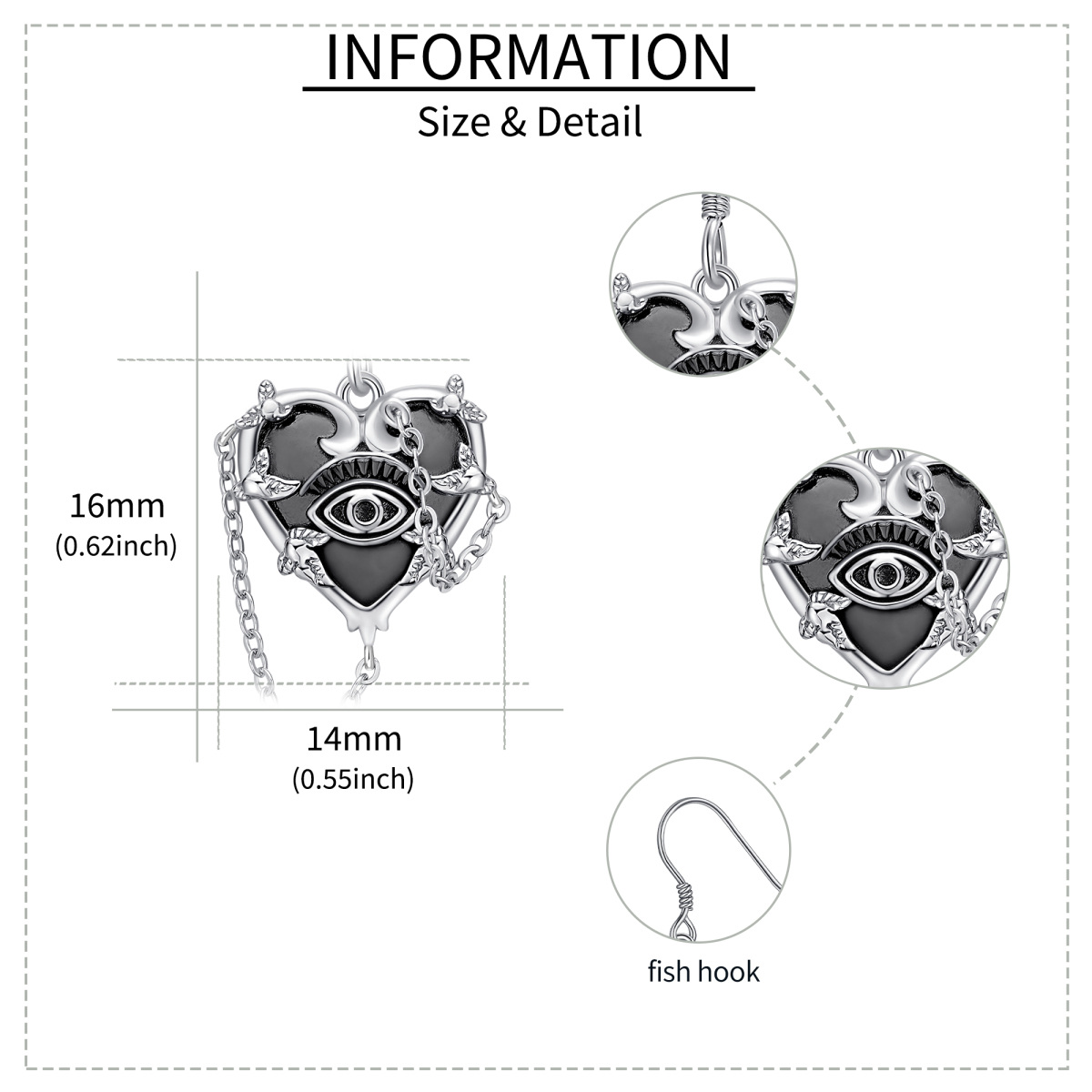 Pendientes de plata de ley con forma de corazón y mal de ojo-3