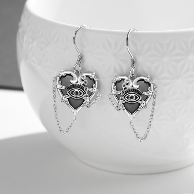 Sterling Silver Heart Shaped Evil Eye Drop Earrings-4