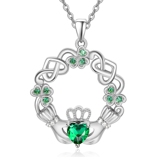 Sterling Silver Heart Shaped Cubic Zirconia Four Leaf Clover & Celtic Knot & Claddagh Pendant Necklace