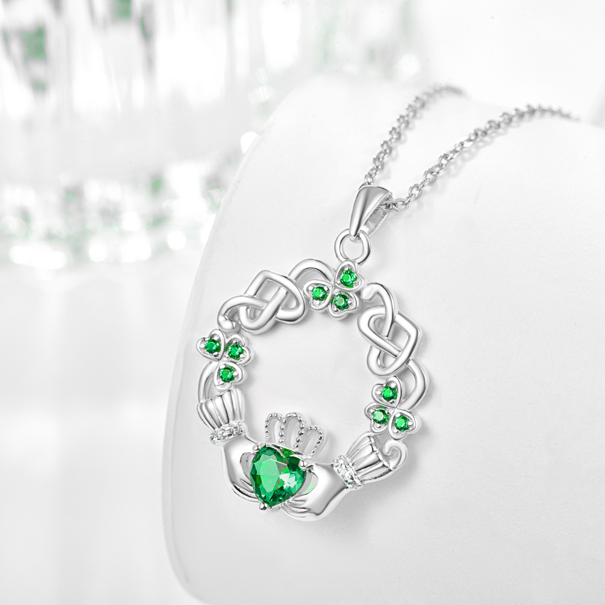 Sterling Silver Heart Shaped Cubic Zirconia Four Leaf Clover & Celtic Knot & Claddagh Pendant Necklace-4