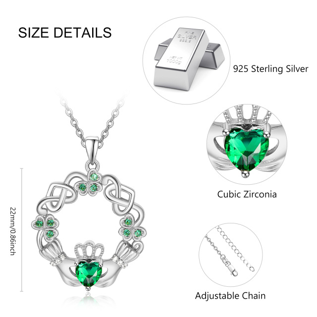 Sterling Silver Heart Shaped Cubic Zirconia Four Leaf Clover & Celtic Knot & Claddagh Pendant Necklace-5