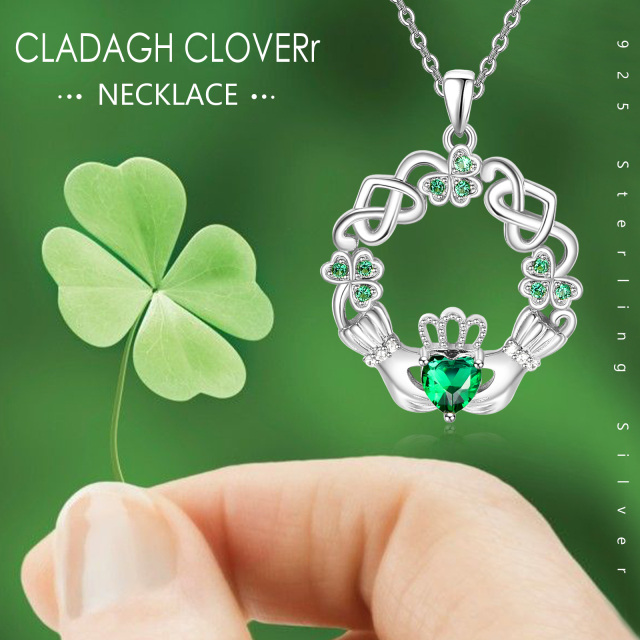 Sterling Silver Heart Shaped Cubic Zirconia Four Leaf Clover & Celtic Knot & Claddagh Pendant Necklace-6