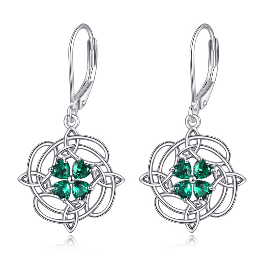 Sterling Silver Heart Shaped Cubic Zirconia Four Leaf Clover & Celtic Knot Lever-back Earrings