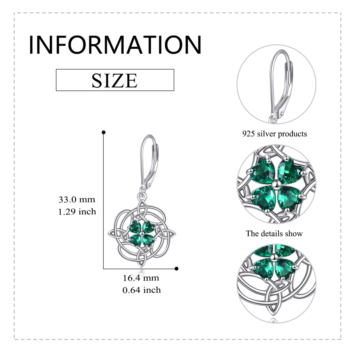 Sterling Silver Heart Shaped Cubic Zirconia Four Leaf Clover & Celtic Knot Lever-back Earrings-5