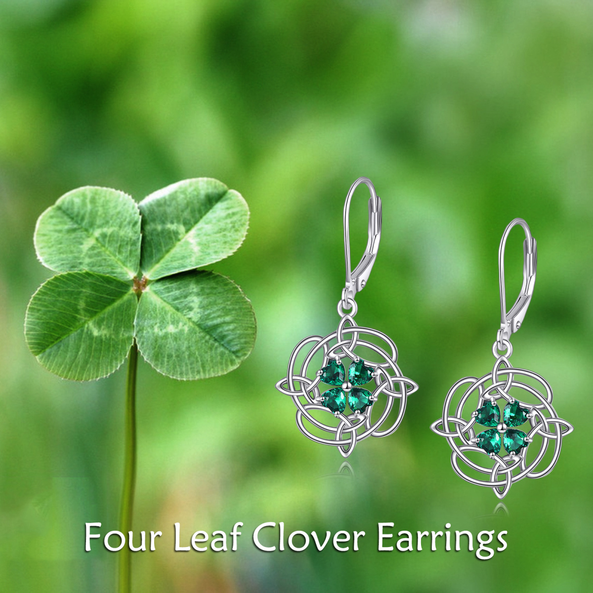 Sterling Silver Heart Shaped Cubic Zirconia Four Leaf Clover & Celtic Knot Lever-back Earrings-6