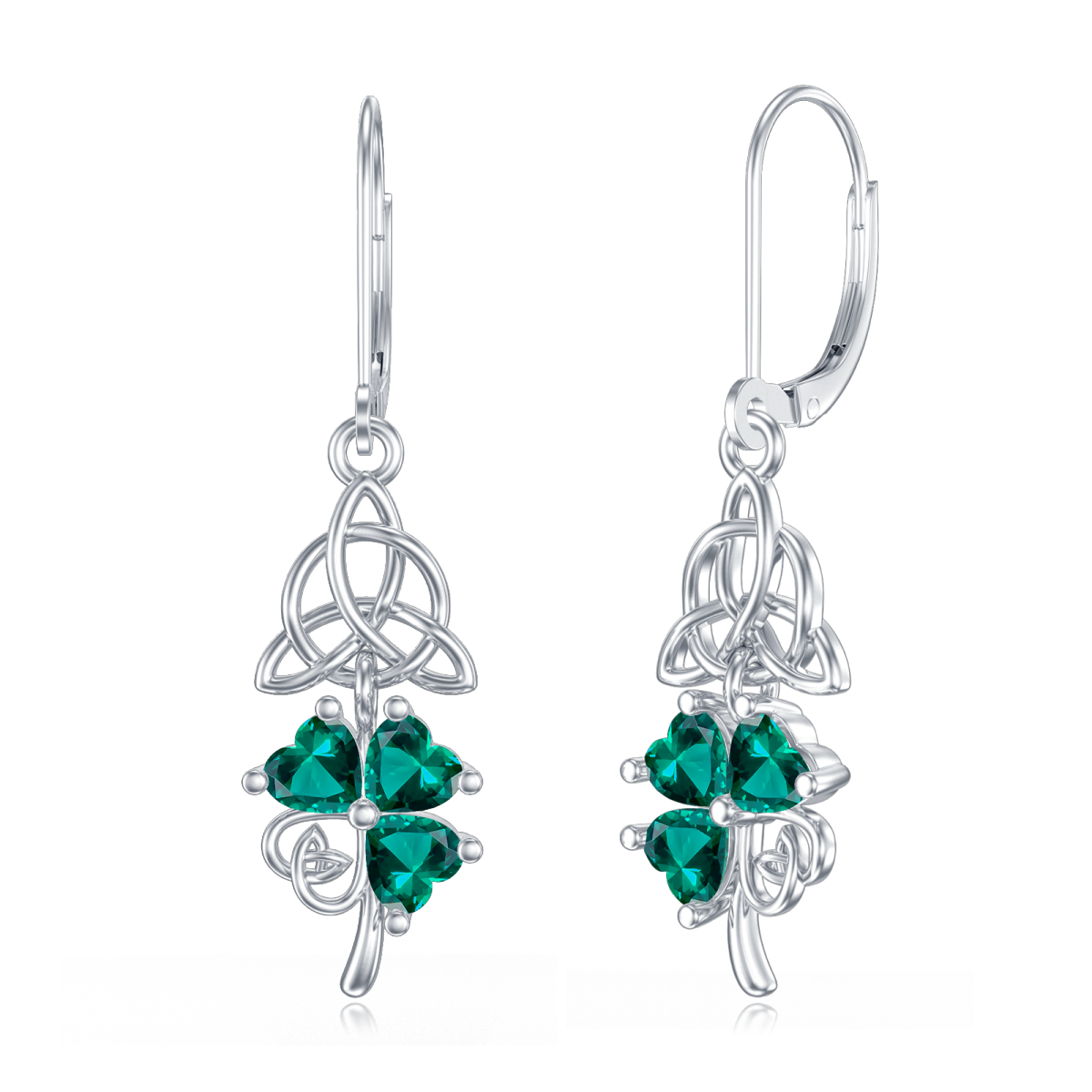 Sterling Silver Heart Shaped Cubic Zirconia Four Leaf Clover & Celtic Knot Lever-back Earrings-1