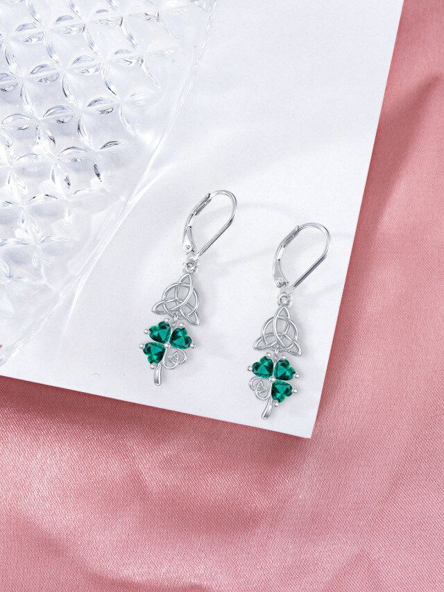 Sterling Silver Heart Shaped Cubic Zirconia Four Leaf Clover & Celtic Knot Lever-back Earrings-3