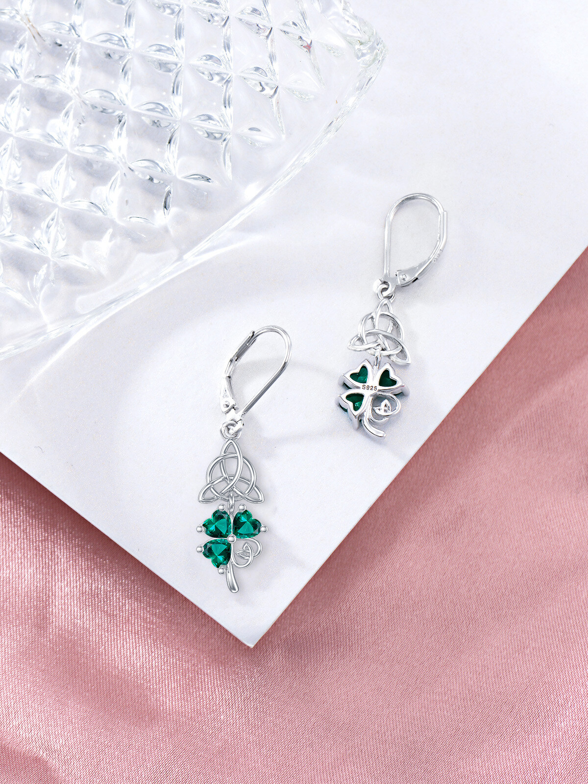 Sterling Silver Heart Shaped Cubic Zirconia Four Leaf Clover & Celtic Knot Lever-back Earrings-4