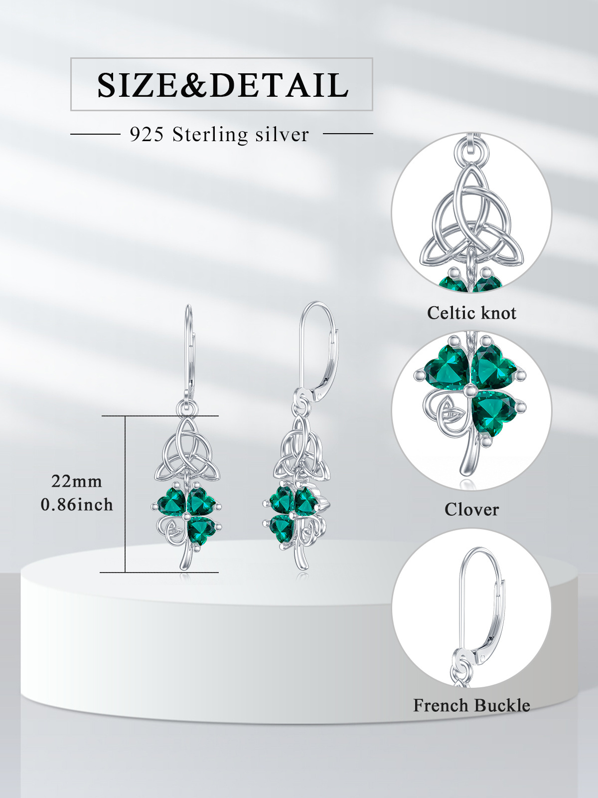 Boucles d'oreilles en argent sterling en forme de coeur avec zircon cubique, trèfle à quat-5