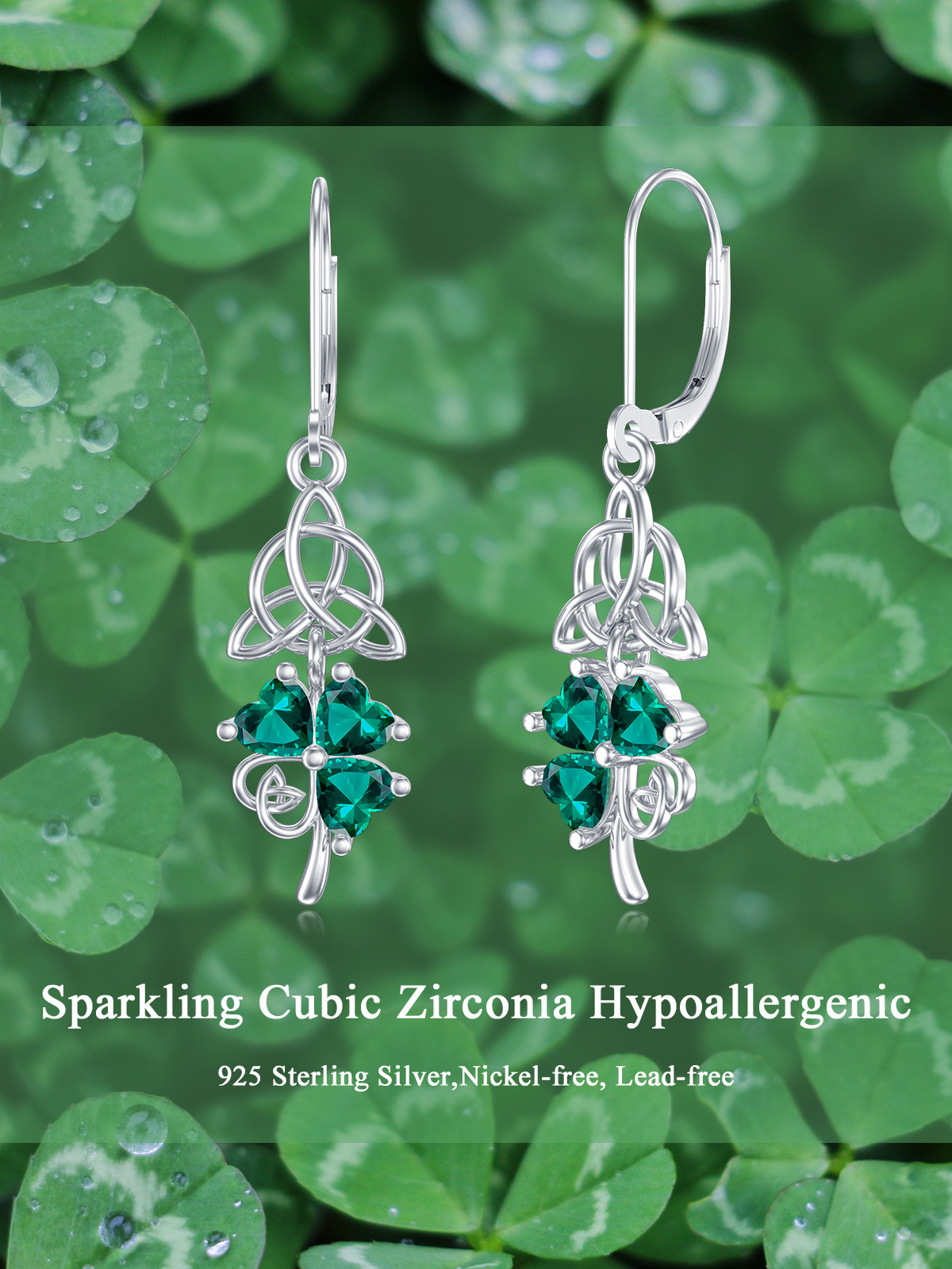 Sterling Silver Heart Shaped Cubic Zirconia Four Leaf Clover & Celtic Knot Lever-back Earrings-6