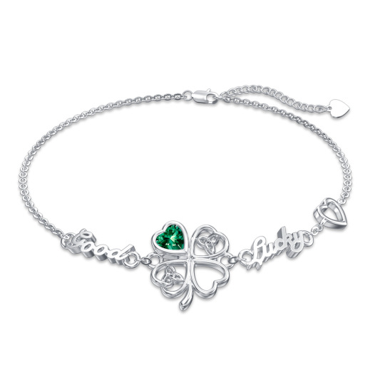 Sterling Silver Heart Cubic Zirconia Four Leaf Clover & Celtic Knot Charm Personalised Engraving Bracelet-1